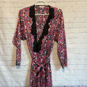 VTG Vanity Fair Floral Tie Waist Kimono Style Robe W/Lace Trim Floral Long Sz S